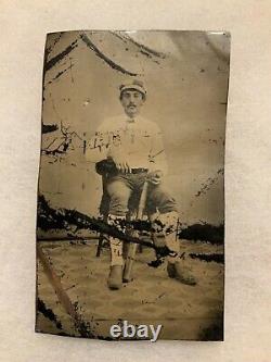 1870 1880 RARE Tin Type of Baseball Player with BAT & BALL