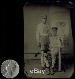 1870s 1880s Baseball Tintype 2 Players, Bib Jerseys, Bat, Ball Antique Vintage