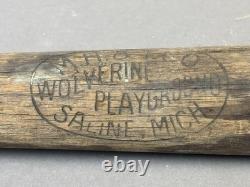 Antique Vtg 20s WOLVERINE PLAYGROUND Saline Michigan Softball Baseball Bat 12G