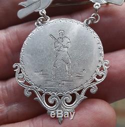 BASEBALL antique engraving sterling silver pendant vtg award medal sports bat