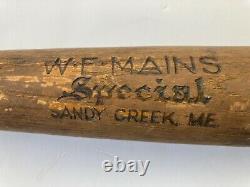 Baseball Bat, W. E. Mains Special, Sandy Creek Maine, 1890's, Vintage