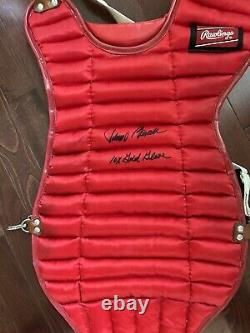 Johnny Bench NWOT Vtg Reds signed inscribed baseball Bat Chest Protector Glove