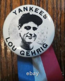 RARE Vintage Lou Gehrig Stadium Pin Button with Ribbon Ball Bat Charm Yankees HOF