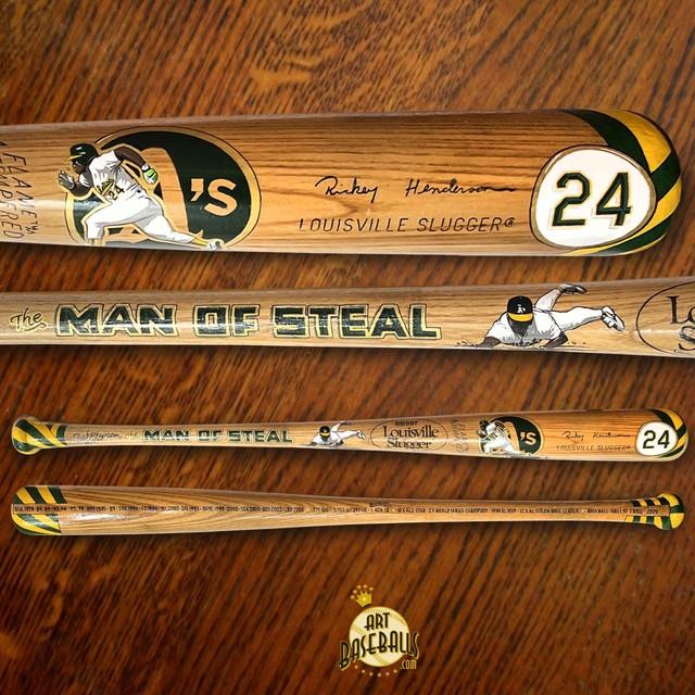 Rickey Henderson Oaklanda's Original Painted Art Bat By Mike Floyd 1/1