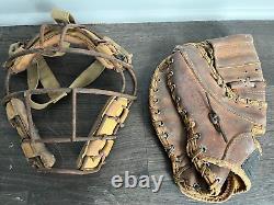Vintage 1900s Baseball Catchers Cage Mask withLeather Pads & vintage Wilson Mitt