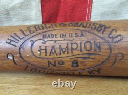 Vintage 1920s Hillerich & Bradsby'Champion' Wood Baseball Bat No. 8 Model 33 Vintage 1920s Hillerich & Bradsby'Champion' Wood Baseball Bat No. 8 Model 33