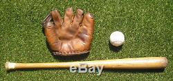 Vintage 1940's WW2 Era Joe DiMaggio Glove, Babe Ruth Bat, Mickey Mantle Baseball