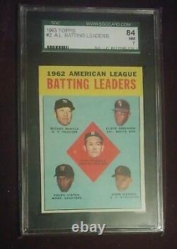 Vintage 1963 Topps A. L Batting Leaders Sgc 7 Graded Mantle #2 Nice Centered Card