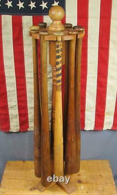 Vintage 1970s Baseball Bat Display Rack Wood Handcrafted 10 Bat Rotary Top Nice