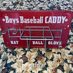 Vintage 50s Boys Baseball Caddy Metal Sign Holds Bat, Ball & Glove