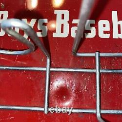 Vintage 50s Boys Baseball Caddy Metal Sign Holds Bat, Ball & Glove