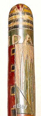 Vintage Antique Folk Art Indian Head Carved Wood Florida Baseball Bat