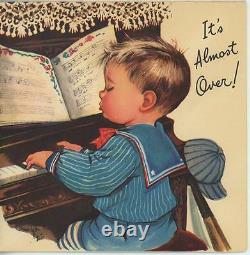 Vintage Baseball Cute Boy Player Hat Bat Playing Piano Music Greeting Art Card