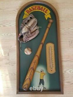 Vintage Baseball Wall Hanger Plaque Decor WithBall Bat Glove & Thermometer 16 X 32