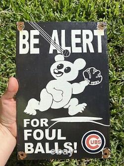 Vintage Chicago Cubs Porcelain Rare Baseball Sport Foul Ball Bat Gas Oil Sign