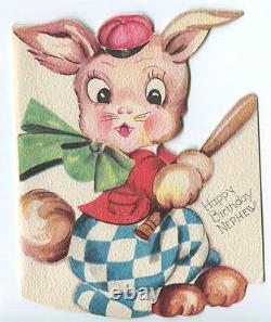 Vintage Cute Bunny Rabbit Baseball Bat Red Cap Nephew Greeting Card Art Print