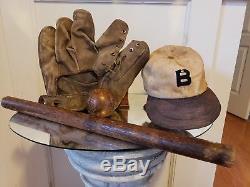 Vintage Early Era Baseball Lot Hat, Glove, Ball, Bat