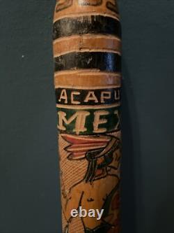 Vintage Folk Art Carved Wood Baseball Bat Acapulco Mexico 1970s Rare