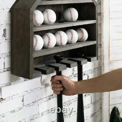 Vintage Gray Wood Home Wall Mounted Baseball and Bat Storage Display Shelf Rack