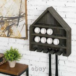 Vintage Gray Wood Home Wall Mounted Baseball and Bat Storage Display Shelf Rack