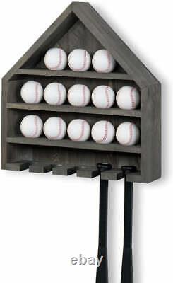 Vintage Gray Wood Home Wall Mounted Baseball and Bat Storage Display Shelf Rack